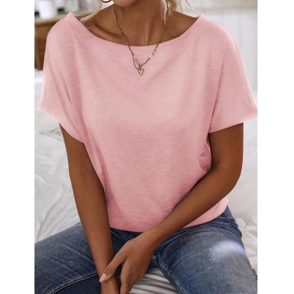 Boat Neck Batwing Sleeve Light Pink Tee Shirt Short Sleeve - Picture 4 of 8